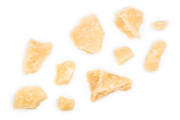 Parmesan cheese pieces isolated on white background. Closeup. Top view. Flat lay