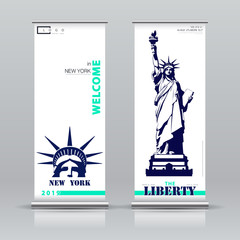 Statue of Liberty. New York. Vertical banner design Advertising sign. Flyer template vector X-banner and street business flag convenience. Information banner frame. USA. Font text. background layout © VASYL