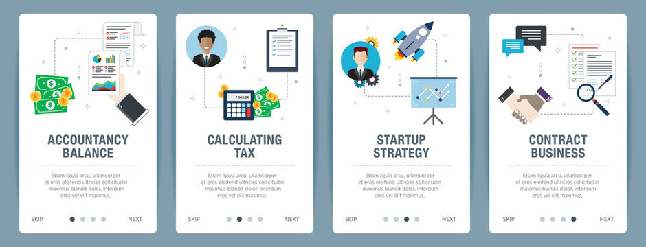 Web Banners Concept In Vector With Accountancy Balance, Calculating Tax, Startup Strategy And Contract Business. Internet Website Banner Concept With Icon Set. Flat Design Vector Illustration.