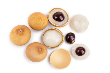 Fresh longan fruit isolated on white background. Top view. Flat lay