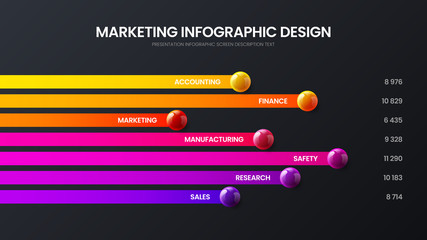 Business 7 option infographic presentation vector 3D colorful balls illustration. Corporate marketing analytics report horizontal bar chart design layout. Statistics graphic visualization template.