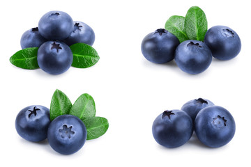 fresh blueberry with leaves isolated on white background closeup. Set or collection