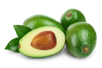 avocado and half with leaves isolated on white background close-up