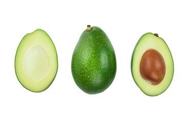 avocado and slices isolated on white background. Top view. Flat lay