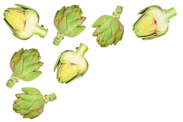 Fresh Artichokes and half isolated on white background with copy space for your text. Top view....