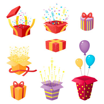 Set of 3d prize boxes with confetti, stars and tinsel. Opened and closed surprises with ribbons. Gifts and party explosions. Vector illustration, cartoon 3d style.