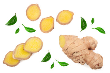 fresh Ginger root and slice isolated on white background. Top view. Flat lay
