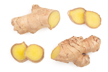fresh Ginger root and slice isolated on white background. Top view. Flat lay