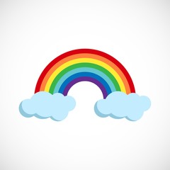 Modern vector illustration of the rainbow and clouds. Flat forecast icon of a cloudy weather. Meteorological symbol isolated on white background.
