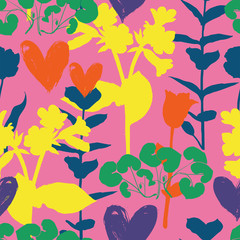 Vector seamless floral pattern with hearts and shapes of plants
