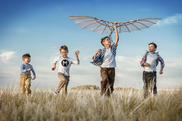 Boys with a kite in the field