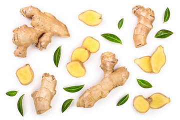 fresh Ginger root and slice isolated on white background. Top view. Flat lay