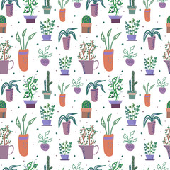 Vector seamless pattern with houseplants  in flower pots on white background.Simple flat style, in soft colors.