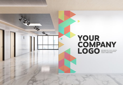 Blank Wall in Bright Wood and Marble Office Mockup