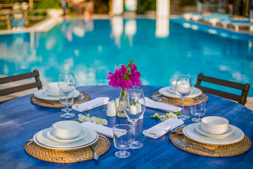 arranged for a holiday, open-air dining table, elegant dining table