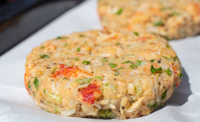 Semi-finished product of crab cakes..Uncooked fish, crab patties..Close-up.