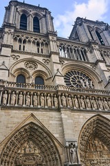 Gothic facade of the cathedral of Notre-Dame de Paris, France.