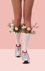 on soft powder pink with long slim legs on white stockings and spring wildflowers