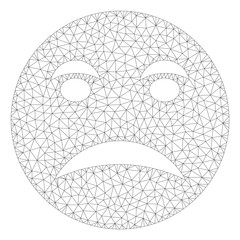Mesh angry smiley polygonal icon illustration. Abstract mesh lines and dots form triangular angry smiley. Wire frame 2D polygonal line network in vector format isolated on a white background.
