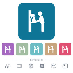 Yen cash machine flat icons on color rounded square backgrounds