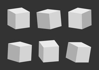 Set of gray cubes on dark background, 3D model, different perspective and angle. Vector illustration