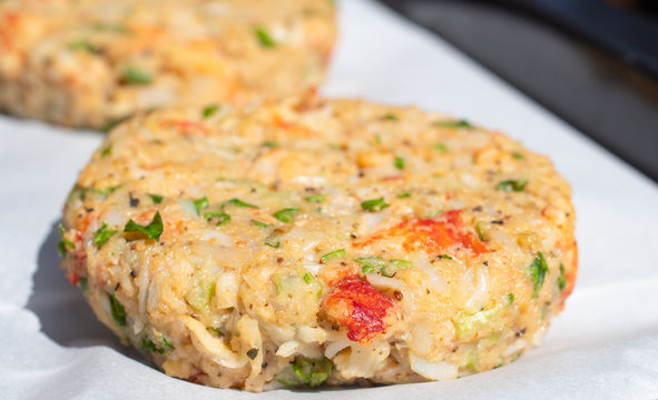 Semi-finished Product Of Crab Cakes..Uncooked Fish, Crab Patties..Close-up.