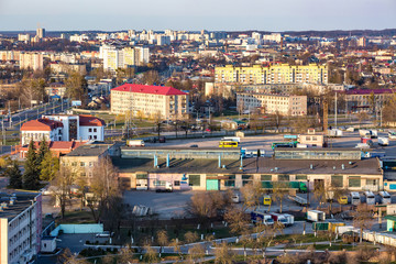 Panoramic view on new quarter high-rise building area urban development residential quarter in the evening from a bird's eye view