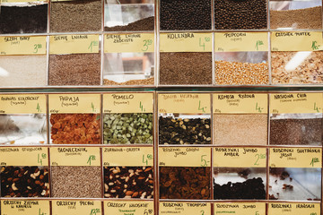 Fototapeta na wymiar Herbs and spices at market in Poland 