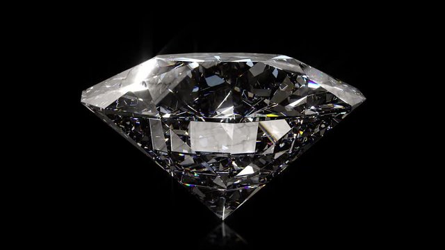 Beautiful large crystal clear shining round cut diamond, rotates against a black mirror isolated background. Close up side view. Seamless loop 4k cg 3D animation