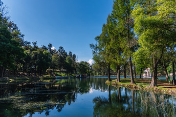 Lake and forest,  sunny day at Ex Hacienda de Chautla, Puebla, Mexico