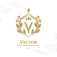 Shield emblem. V letter. Elegant elements. Can be used for jewelry, beauty and fashion industry. Great for logo, monogram, invitation, flyer, menu, brochure, background, or any desired idea.