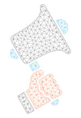 Mesh ads horn polygonal icon illustration. Abstract mesh lines and dots form triangular ads horn. Wire frame 2D polygonal line network in vector format isolated on a white background.