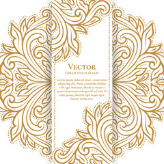 Gold and white vintage greeting card design. Luxury vector ornament template. Great for invitation, flyer, menu, brochure, postcard, background, wallpaper, decoration, packaging or any desired idea.