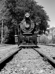 Front view of an old-fashioned steam locomotive in a brazilian railway station