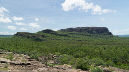 View of aboriginal impressive Anbangbang rock  hidden in the middle of spacious Kakadu national park, Australia