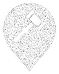 Mesh auction hammer marker polygonal 2d illustration. Abstract mesh lines and dots form triangular auction hammer marker.