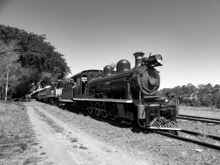 Black and white photography of the old steam train in Brazil
