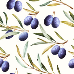 Seamless pattern with black olive branches. Elegant watercolor background.