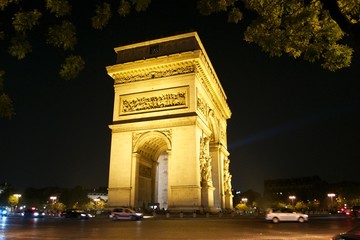 Arc de Triomphe (Paris, France) lit in yellow light at night