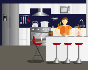Vector Flat Illustration of Father and Daughter are Cooking Something of Flour. Modern Kitchen Interior Design. Interior of a Cozy Kitchen with Furniture and Appliances