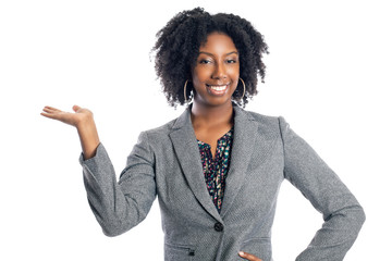 Black African American female businesswoman isolated on a white background advertising and presenting something