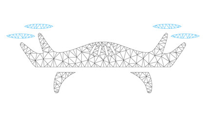 Mesh air drone polygonal 2d illustration. Abstract mesh lines and dots form triangular air drone. Wire frame 2D polygonal line network in vector format isolated on a white background.