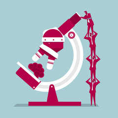 Teamwork concept design. A group of businessmen climbed onto the microscope. Isolated on blue background.