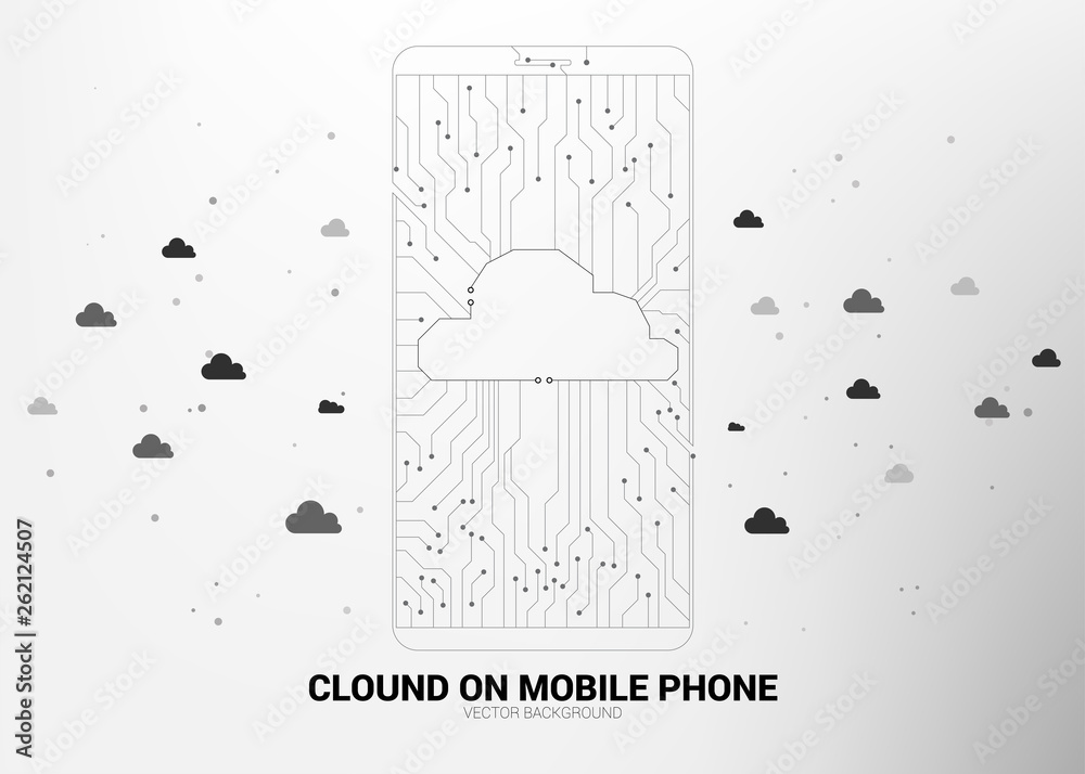 Poster cloud icon shaped mobile phone with circuit line graphic, concept of Cloud computing network technology