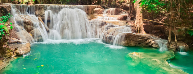 Beautiful waterfall Huai Mae Khamin, Thailand. Panorama