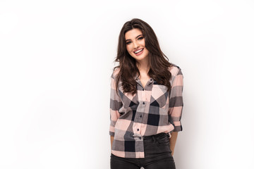 Portrait of smiling happy girl over white background.