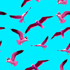 Seamless pattern in pop art style with pink seagulls on a blue background. 