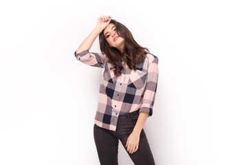 Portrait of fashionable girl over white background.