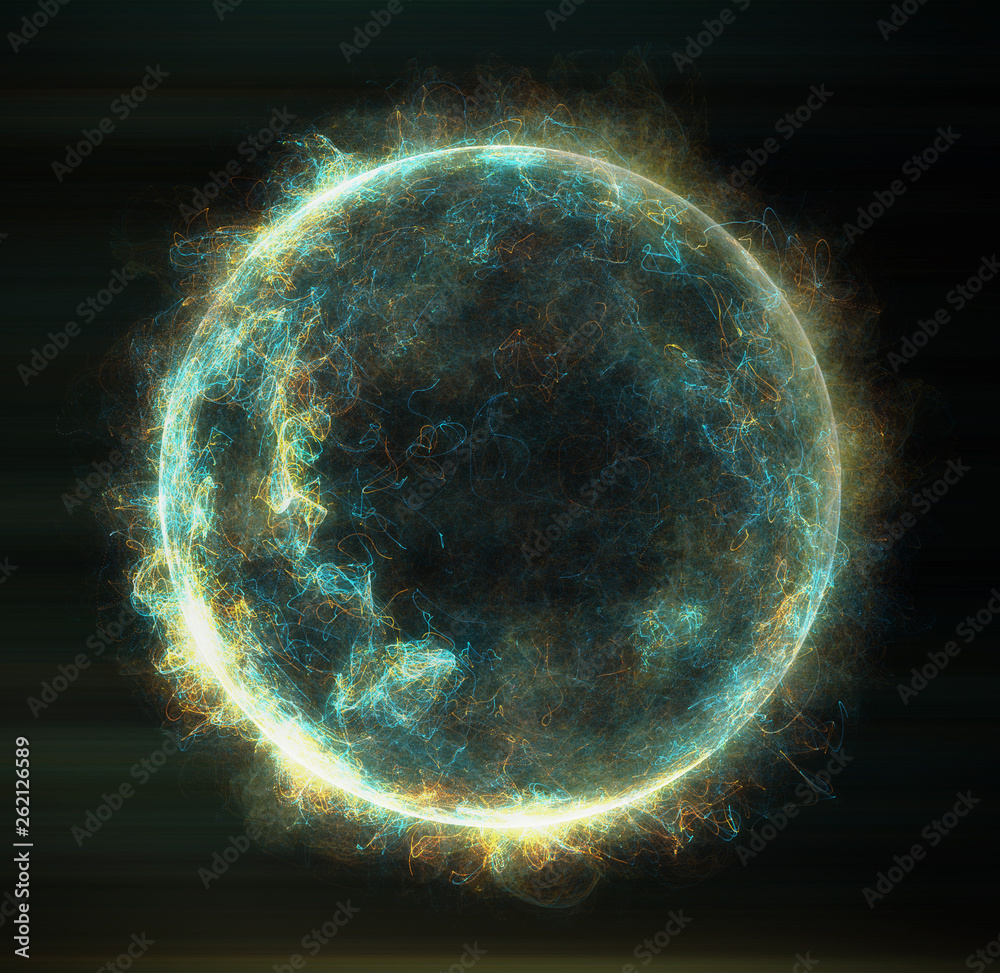 Poster abstract particles background with corrupted point sphere. sun solar flare particles coronal mass ej