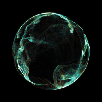 Abstract Particle Sphere, Science Background.Virtual Flow Big Binary Data Visualization. Digital Technology Planet Structure, Glows And Particles. 3D Render